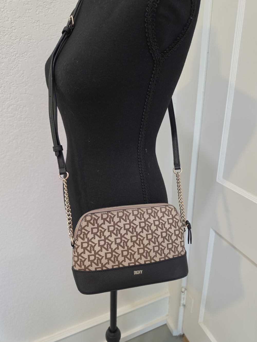 DKNY Brown Logo Crossbody with Black Trim and Gold Chain